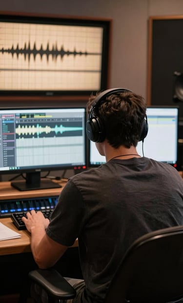 A music producer seen from behind, sitting in a dimly lit studio booth. Multiple computer monitors glow with warm beige audio waveforms. Dark mahogany and terracotta accents create a premium feel.