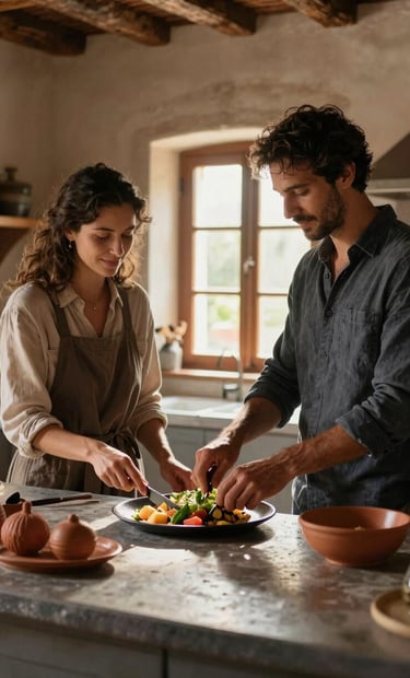 Lifestyle photography of a couple preparing a meal in a rustic Spanish kitchen, light streaming through a window, authentic and warm atmosphere, charcoal and terracotta accents.