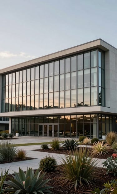 An exterior view of a research 'Living Lab' building at a university campus. The architecture is clean and modern, featuring generous glass surfaces reflecting a muted sky. Surrounded by native ecological landscaping.