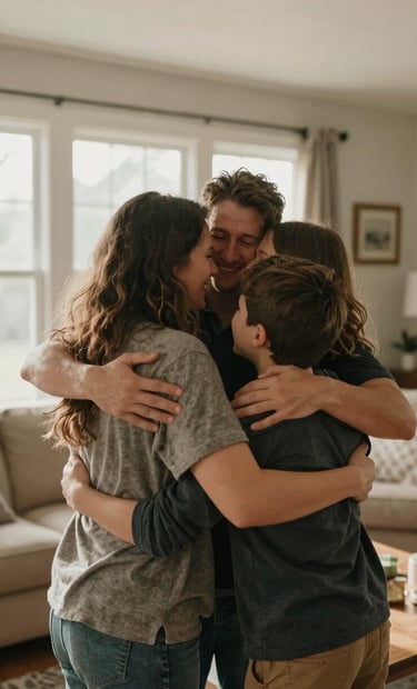 A candid cinematic photo of a family group hug in a North American / US living room, warm natural light streaming through large windows, authentic emotion, soft sand and charcoal tones.