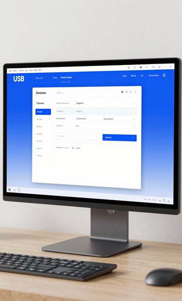 Clean and minimalist close-up photography of a professional workstation in a bright North American / US design studio, featuring a single sleek monitor displaying a sophisticated user interface with royal blue accents against a soft off-white background.