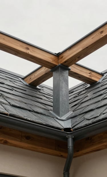 Detail of the roof structure showing innovative spatial solutions for natural ventilation. Clean lines of slate gray steel and wooden beams against a soft off-white ceiling.