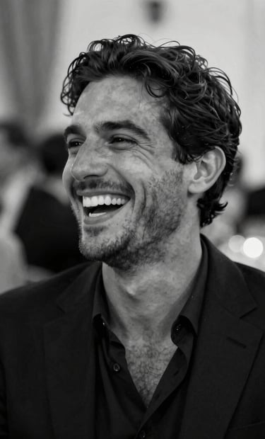 A candid black and white portrait of a guest laughing at a sophisticated evening event. High contrast, sharp detail, and emotive storytelling. The background shows soft, blurred bokeh from party lights. Elegant Southern European / Spanish setting.