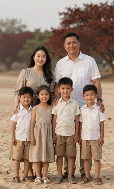 A vertical portrait of the entire family looking towards the camera with genuine smiles. The setting is a rustic landscape with #F8F0E3 sand tones and deep #8C4E40 foliage.