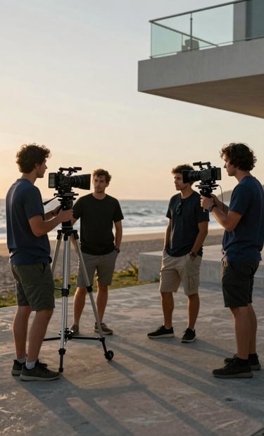 A professional video production crew filming on location in a modern South American coastal setting, sunset lighting casting long shadows, cinematic composition, navy and charcoal tones.
