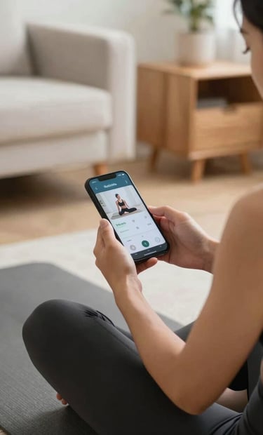 A high-quality lifestyle photograph of a person checking a workout app on their phone while sitting on a yoga mat. The setting is a modern, clean living room with off-white furniture and natural wood accents.