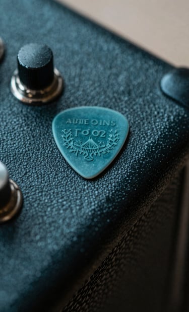Close-up photography of a guitar pick resting on a dark amplifier, deep sea teal highlights on the metallic edges, soft mist off-white ambient lighting, shallow depth of field.