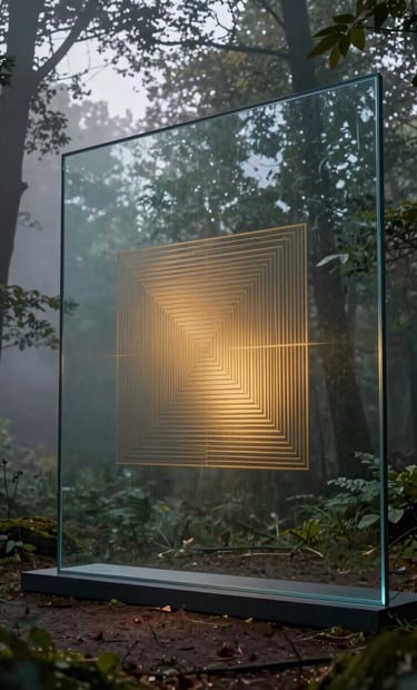 A high-end photography shot of an outdoor art installation. A large, transparent glass screen is placed in a misty forest at twilight, reflecting the surrounding trees while displaying a subtle, glowing Burnished Gold geometric pattern that seems to float in the air. The lighting is soft and ethereal.