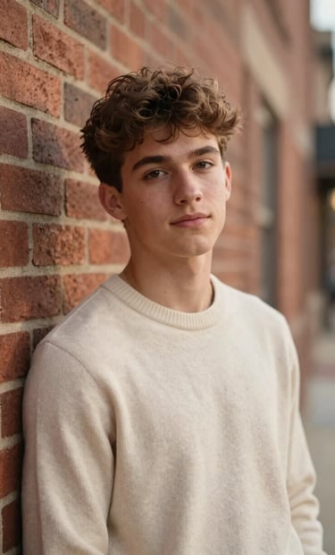 A close-up portrait of a male high school senior leaning against a classic brick wall in a North American town, wearing a warm cream colored sweater, soft golden hour lighting, timeless and sophisticated photography style.
