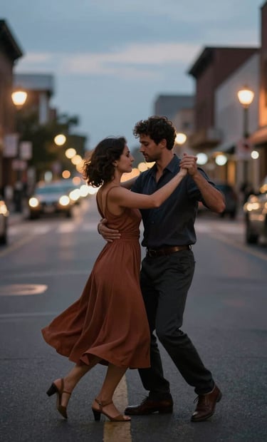 A couple dancing in a North American / US urban street at dusk, cinematic bokeh, warm glowing streetlights, dark charcoal and earthy terracotta accents in their attire.