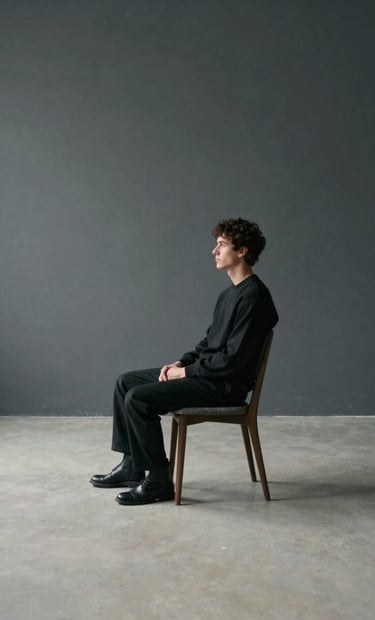 A minimalist composition of a subject sitting in a chair, surrounded by vast empty space. The palette is dominated by dark slate grey and soft off-white light.