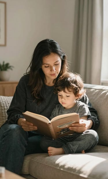 A quiet, cinematic indoor portrait of a parent and young child reading together in a light-filled North American / US living room. Soft morning light creates a peaceful mood. The decor features Charcoal and Soft Sand textures with a warm, authentic atmosphere.