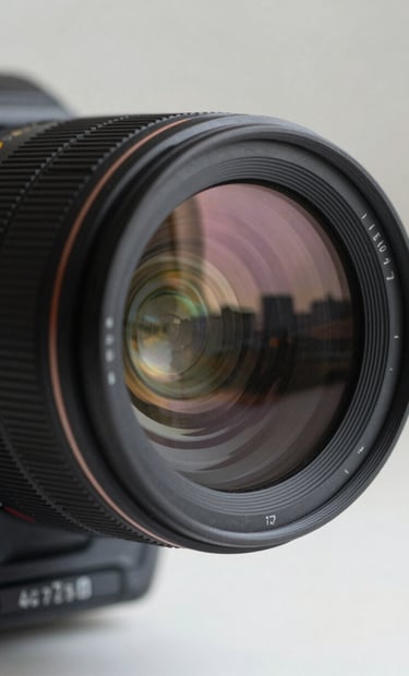 A close-up shot of a professional camera lens. Reflected in the glass of the lens is a soft sage and charcoal urban silhouette. The background is a blurred pale mist studio environment.