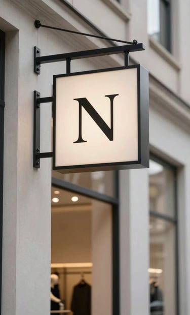 The exterior of a modern International / Western boutique store during the day, with a minimalist hanging sign displaying a professional logo, clean architecture and sophisticated street presence.