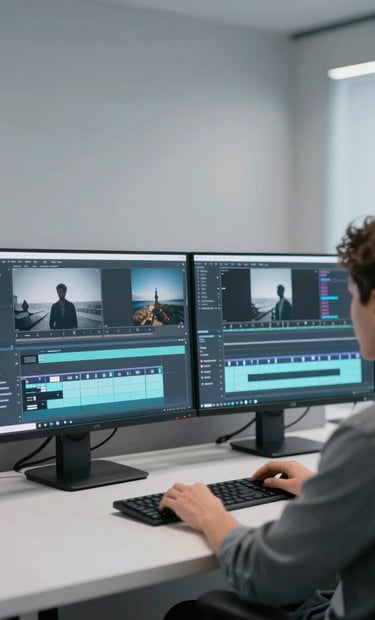 A modern post-production video editing suite. A person is seen from the back, working on dual high-resolution monitors showing video timelines. The room has minimalist grey walls and sleek lighting featuring #4A6075 and #EAF0F5 tones.