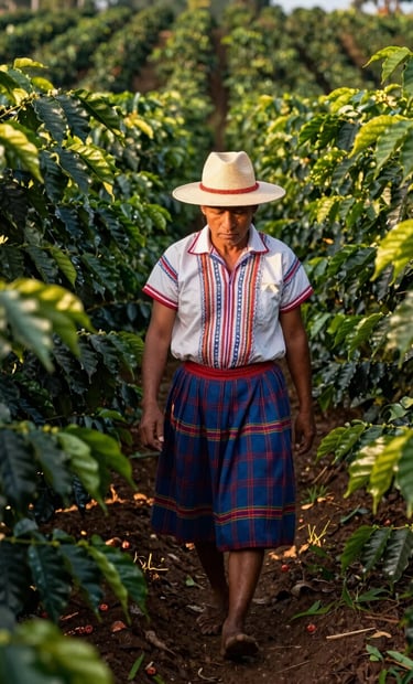 Medium shot of a person in South American traditional agricultural attire walking between rows of lush green coffee plants. The lighting is golden hour, warm and sophisticated, emphasizing the texture of the leaves and the rich dark brown soil.