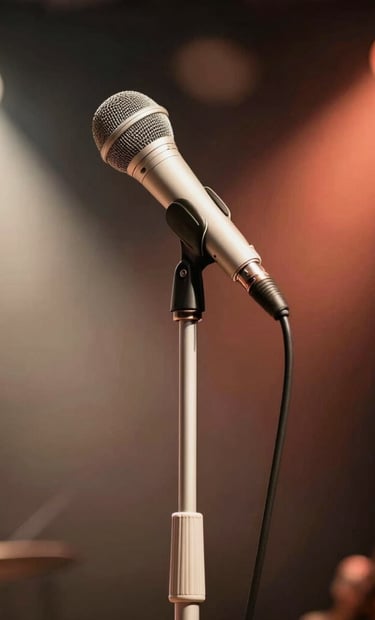 A sophisticated lifestyle photograph of a professional microphone stand on a dimly lit stage, warm spotlights creating a soulful atmosphere, South American / Venezuelan music club setting. Palette colors used: Off-white and Coral.