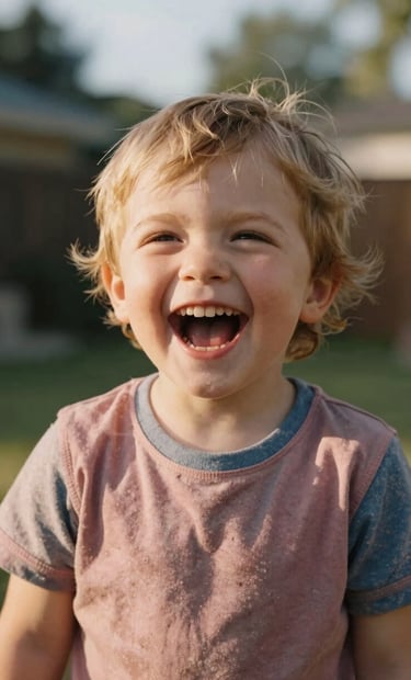 A candid portrait of a young child laughing heartily in a sunny North American / US backyard. The lighting is warm and golden, highlighting dusty rose and muted blue clothing. Professional shallow depth of field with a soft background.