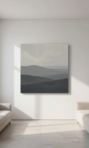 A wide, contemplative interior shot of a minimalist living room featuring the finished 'Eternal Silence' painting on a white wall. Soft morning light enters through a window, casting long shadows. The palette uses #C8C0B2 and #F9F8F7 tones in the furniture to complement the art.