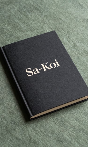 A luxurious flat-lay of the Sa-Koi brand book, featuring a charcoal black cover with an ivory foil logo, resting on a sage green textile background in an East Asian / South Asian influenced for a global luxury audience gallery.