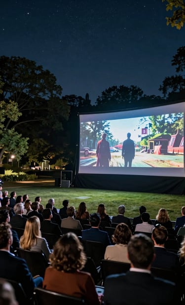 A crisp, professional photograph of an outdoor film screening event in a leafy North American park at night. A large, high-definition screen glows with a cinematic scene, surrounded by a sophisticated crowd under a clear starry sky, captured with a wide-angle lens.