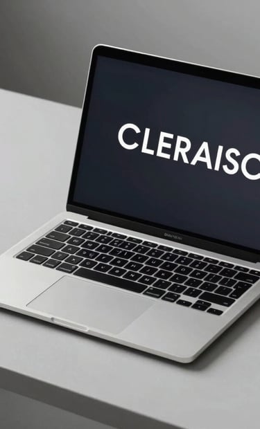 Professional photography of a high-end laptop on a minimalist light grey desk showing a clean, modern design portfolio with sophisticated typography.