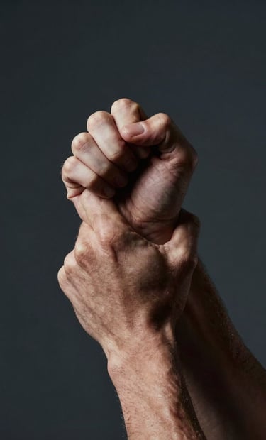 A minimalist, low-key photograph of a professional athlete's hands gripped tightly, showing skin texture and veins under dramatic lighting, charcoal background, premium editorial photography style, Northern European / Dutch athlete context.
