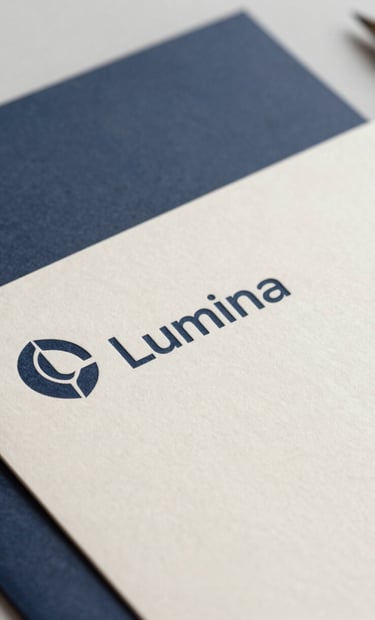 A sleek, close-up shot of professional stationery featuring the Lumina logo. The design uses #0D1B2A and #E0E1DD. The lighting is soft and architectural, emphasizing the high-quality paper texture.
