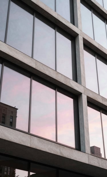 Architectural photography of a modern building in a North American city, featuring clean geometric lines and large glass panels that reflect a soft pink and white sky. The composition is a sharp, low-angle shot emphasizing the Bauhaus-inspired structural precision.