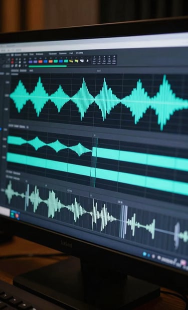A close-up of a digital audio workstation screen showing complex waveforms and MIDI patterns in electric neon cyan light, in a professional South American / Colombian recording studio, cinematic lighting, dark charcoal shadows.