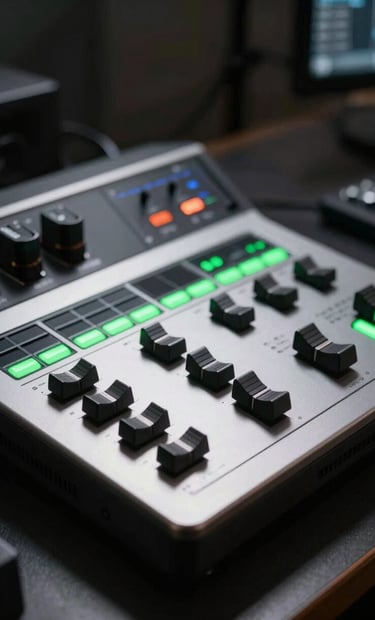 A close-up, cinematic shot of high-end video editing hardware on a dark desk. The lighting is low-key with sharp white and neon green highlights reflecting off metallic surfaces. South American professional studio setting.