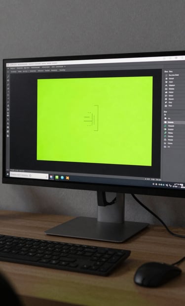A desaturated photograph of a professional workspace. A large monitor displays a brand style guide with the accent color acid lime green visible on small active indicators. The atmosphere is calm and artistic.