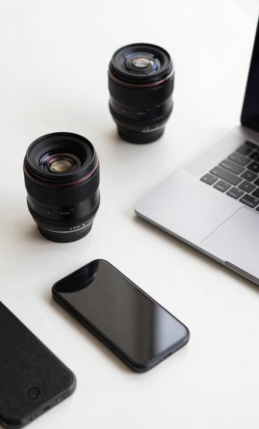A minimalist and clean composition of modern lifestyle accessories and professional tech gadgets on a smooth off-white surface. The lighting is bright and airy, reflecting a sophisticated and modern brand aesthetic.