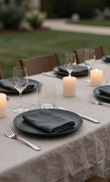 An elegant reception table setting in a North American / European garden. Muted taupe linens are paired with soft cream candles and minimalist charcoal black stationery, captured in natural evening light.