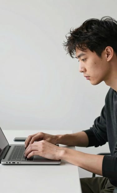 A candid lifestyle shot of a creative professional working in a minimalist studio environment. The background is a white wall with subtle textures. International / Professional. Colors: white, light grey, and black.