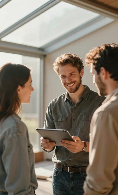 An authentic, candid shot of the architect technician in a friendly conversation with the homeowners on-site. They are looking at a tablet together, bathed in warm, cinematic sunlight filtering through the new glass roof.