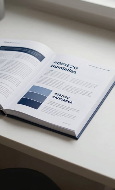 A meticulous brand guidelines manual lying open on a minimalist desk. The pages show typography rules and the brand palette of #0F1E2E and #A0A696. Soft natural light, professional photography style.