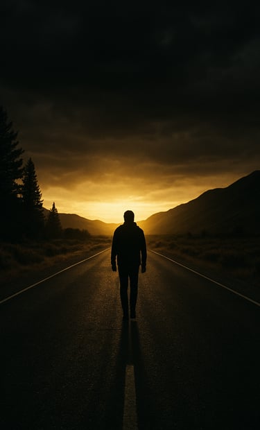 A high-contrast film poster design for a cinematic production featuring a lone figure walking toward an aspirational golden horizon in a North American landscape, minimalist composition with professional charcoal and gold tones.