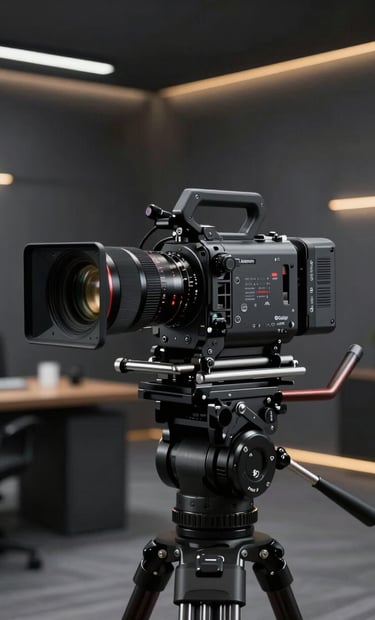 A high-end cinematic setup featuring a professional movie camera on a gimbal, positioned in a sleek, dark grey studio environment with subtle gold ambient lighting. The background is a sophisticated office space. Global / Western.