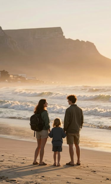A joyful portrait of a family enjoying a sunset at a South African beach. The composition is wide, showing the expansive ocean and the warm, golden mist. The mood is adventurous and inviting.