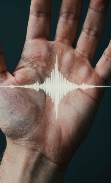 A zoomed-in, artistic photograph of a human palm where the skin texture resembles a topographical map. Overlaid with a soft off-white projection of a sound frequency wave. Lighting is dramatic with deep teal shadows and a high-contrast cinematic feel.