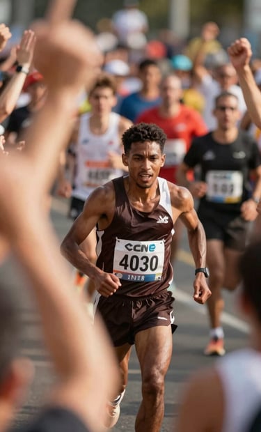 An action shot of a runner being cheered on by a crowd. The blurred motion of the hands in the foreground adds a sense of vibrancy and community. Professional lighting highlighting the athlete against #403B3B tones.