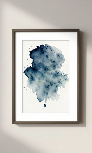 An elegant, minimalist shot of the finished watercolor artwork framed in a slim #362C27 frame, hanging on a clean #F5F2EF wall under soft afternoon light.