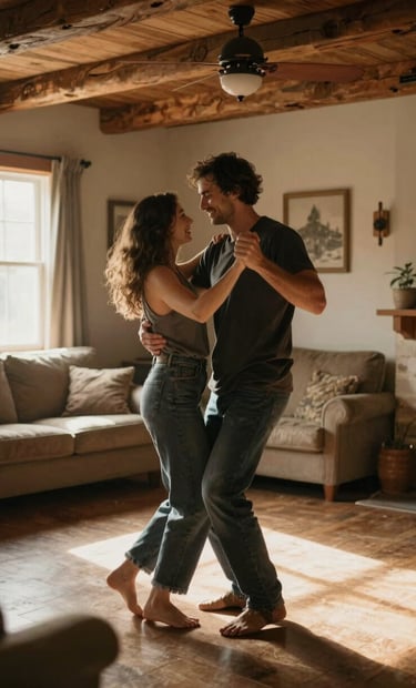 A cinematic lifestyle shot of a couple dancing in a rustic North American living room. The room is filled with warm, sun-drenched light. The vibe is intimate, authentic, and joyful with a charcoal color contrast.