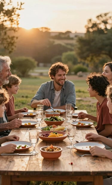 A cinematic lifestyle shot of a North American family sharing a meal outdoors during golden hour, the table is set with Terracotta colored ceramics, warm sun-drenched atmosphere, authentic laughter and candid movement.
