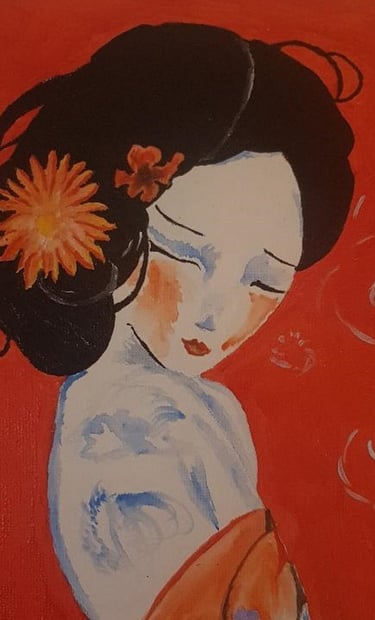 Ilustración para el libro 'Li Sao, la Hija del Gran Rio del Cielo' de Óscar Ocaña Parrón. Dama japonesa en lienzo rojo