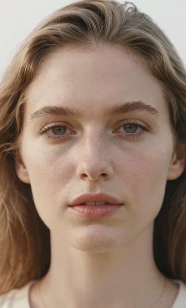 A close-up portrait of a woman with a natural, serene expression, outdoors in North American / US (West Michigan). Soft, diffused natural light, light and airy color palette of off-white and tan tones.