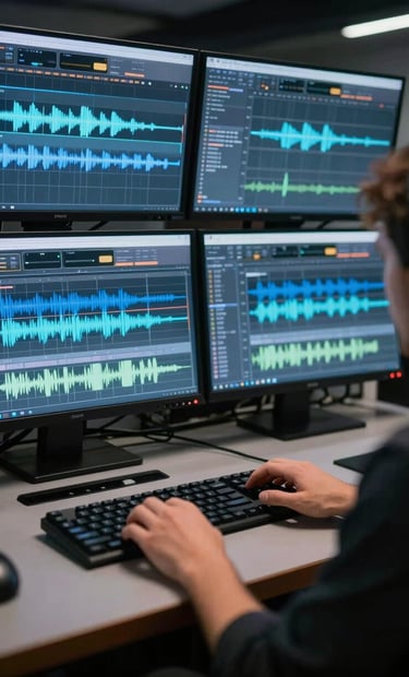 Photography of a sound editor working on a digital audio workstation with dual screens displaying waveforms, Slate Blue ambient lighting.