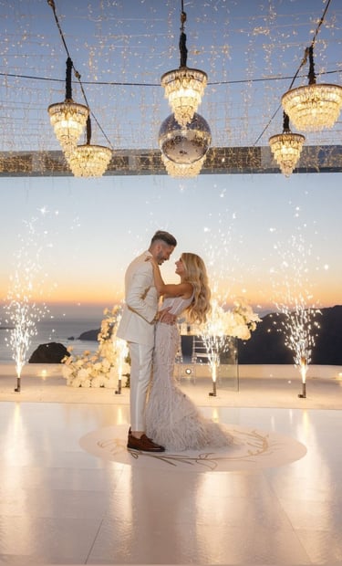 Spectacular wedding fireworks illuminating the night sky during the couple's romantic first dance in