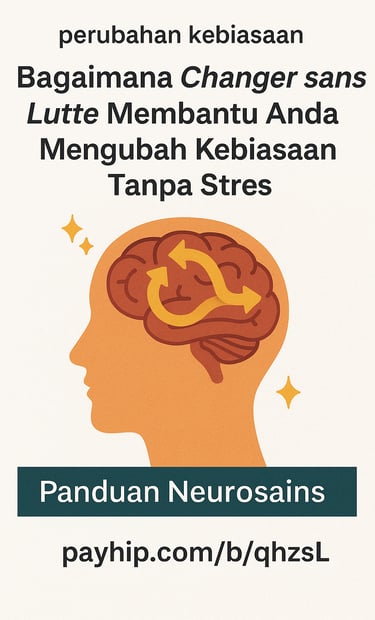 Poster panduan neurosains untuk ubah kebiasaan tanpa stres dengan ilustrasi otak dan panah perubahan